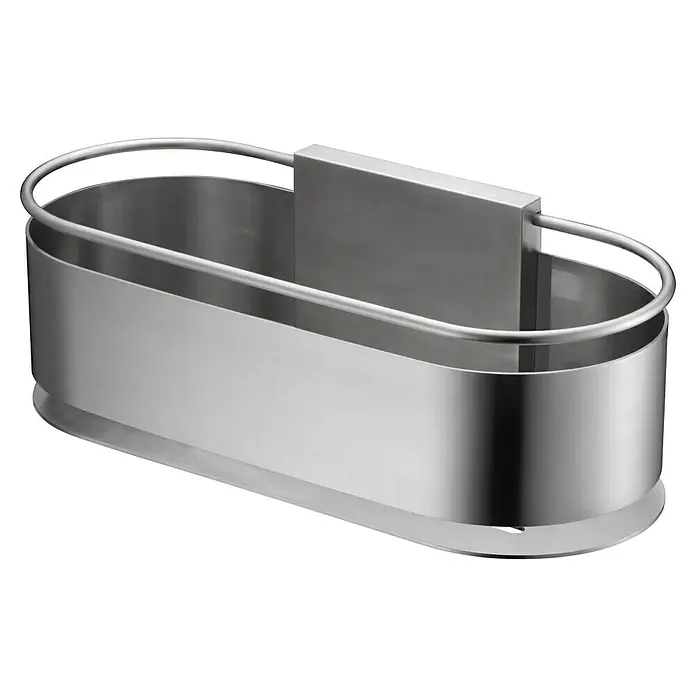 Imex Cesta de baño Anga - 12 x 28 x 10,3 cm, Acero inoxidable, Níquel - Un recipiente ovalado plateado con asa, ideal para guardar utensilios de baño o accesorios de cocina, ofrece un elegante almacenaje.