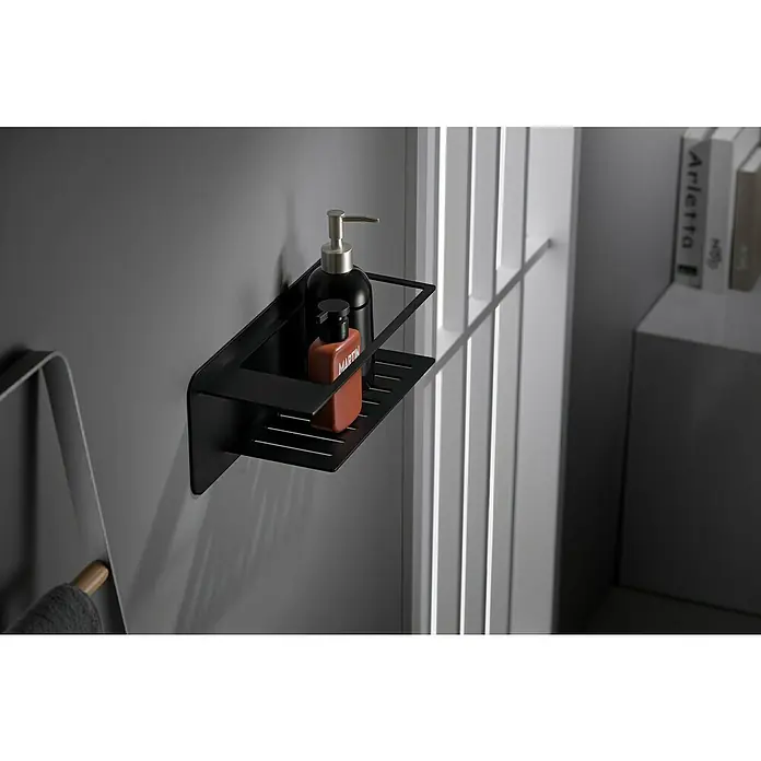 Imex Cesta de baño Bethari - 12,7 x 36 x 13,5 cm, Acero inoxidable, Negro - Una elegante estantería negra de pared con dos frascos, ideal para baño o ducha. Diseño elegante y funcionalidad.