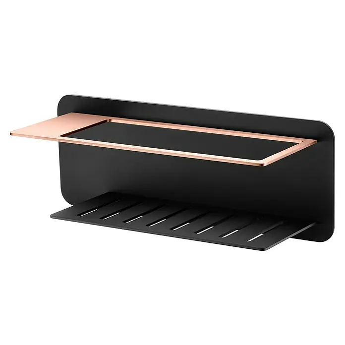 Imex Cesta de baño Bethari - 12,7 x 36 x 13,5 cm, Acero inoxidable, Negro/Oro rosa - Elegante estante de pared negro con detalles en cobre. El estante ofrece un práctico almacenamiento y un diseño moderno para baños o cocinas.
