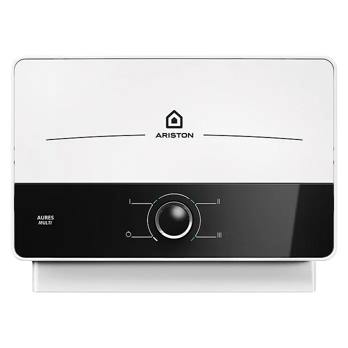 Ariston Calentador instantáneo Aures Slim Multi - 5 kW, 5 °C - 55 °C - Imagen de un calentador de agua Ariston Aures Multi, que muestra su diseño elegante y moderno y su interfaz fácil de usar.