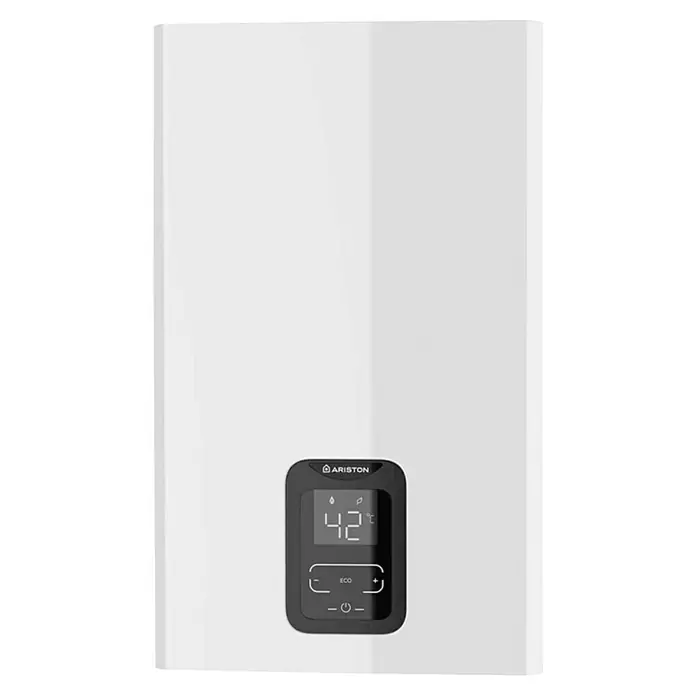 Ariston Calentador estanco Next Evo X SFT - 22 kW, Caudal de agua: 11 l/min, Gas butano - Calentador de agua Ariston blanco con pantalla digital que muestra la temperatura. Es moderno, eficiente energéticamente y fácil de usar.