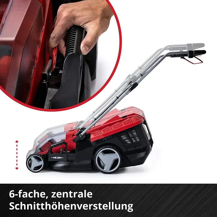 Einhell Power X-Change 18V Akku-Rasenmäher GE-CM 36/36 LI - 18 V, 2 Akkus, 4 Ah, Schnittbreite: 36 cm - Bild einer rot-schwarzen Rasenmähers mit 6-facher, zentraler Schnitthöhenverstellung und Bedienelementen für ein optimales Rasenpflegeerlebnis.