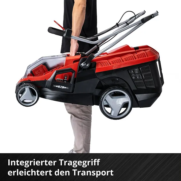 Einhell Power X-Change 18V Akku-Rasenmäher GE-CM 36/36 LI - 18 V, 2 Akkus, 4 Ah, Schnittbreite: 36 cm - Müheloser Transport mit dem integrierten Tragegriff des Rasenmähers. Bequemes und einfaches Anheben für Lagerung oder Transport.