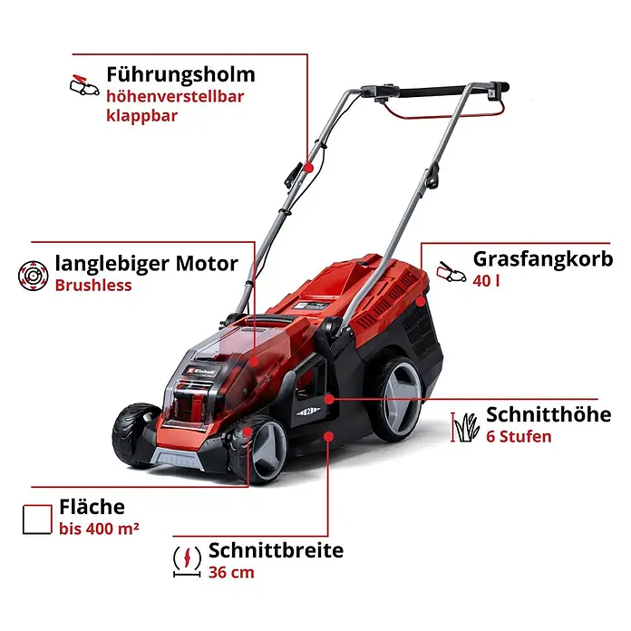 Einhell Power X-Change 18V Akku-Rasenmäher GE-CM 36/36 LI - 18 V, 2 Akkus, 4 Ah, Schnittbreite: 36 cm - Abbildung eines Einhell Akku-Rasenmähers mit klappbarem Führungsholm, langlebigem Motor, großem Grasfangkorb und einstellbarer Schnitthöhe.