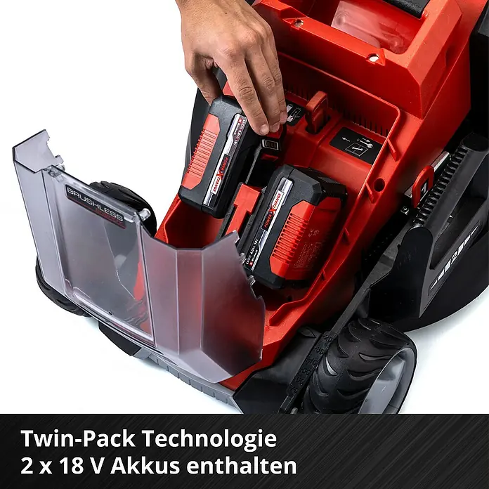 Einhell Power X-Change 18V Akku-Rasenmäher GE-CM 36/36 LI - 18 V, 2 Akkus, 4 Ah, Schnittbreite: 36 cm - Akkubetriebener Rasenmäher mit Twin-Pack Technologie und zwei 18 V Akkus für kabellose Gartenarbeit.