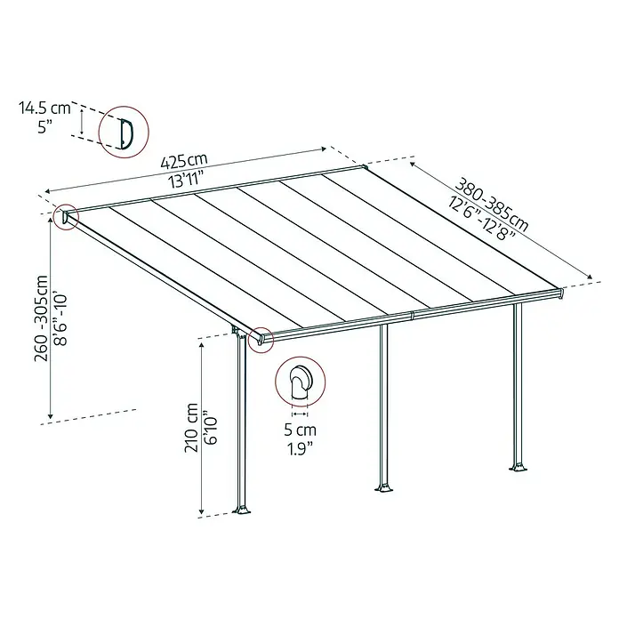 Solid Elements Terrassenüberdachung Martina - B x T: 425 x 400 cm, Anthrazitgrau, Polycarbonat, Transparent - Eine perspektivische Darstellung eines Outdoor-Pavillons mit Maßangaben zu Höhe, Breite und Tiefe in Zentimetern und Fuß.