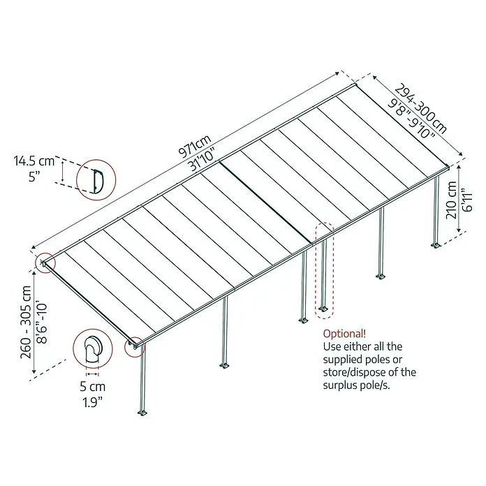 Solid Elements Terrassenüberdachung Martina - B x T: 971 x 300 cm, Verkehrsweiß, Polycarbonat, Transparent - Eine schematische Darstellung einer Terrassenüberdachung mit Maßangaben zu Höhe, Breite und Tiefe.