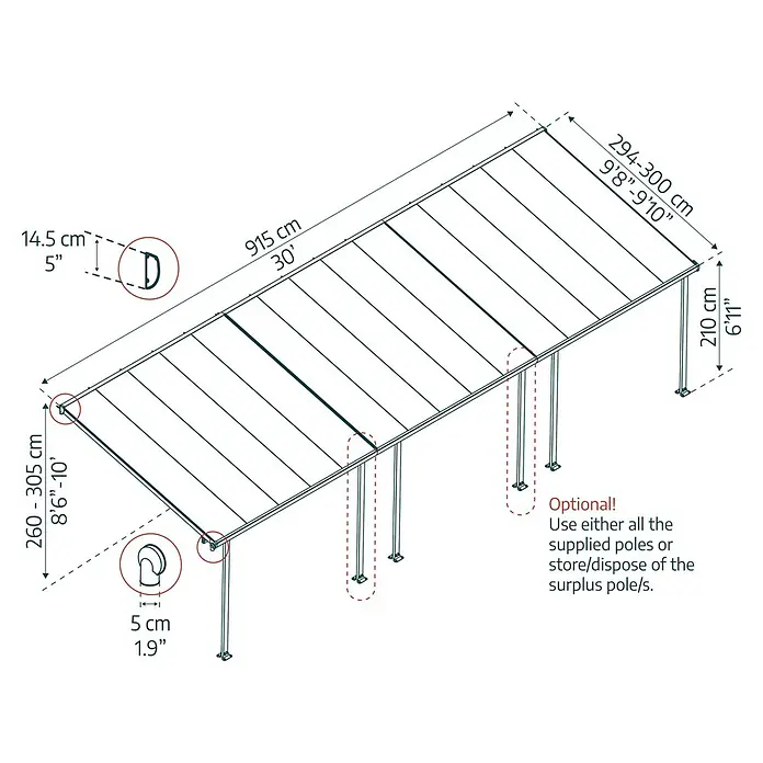Solid Elements Terrassenüberdachung Martina - B x T: 915 x 300 cm, Verkehrsweiß, Polycarbonat, Transparent - Abmessungen und optionale Konfigurationen einer Terrassenüberdachung mit Pfosten und den Maßen 915 x 294-300 cm.