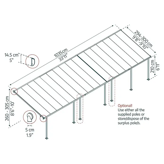 Solid Elements Terrassenüberdachung Martina - B x T: 1.035 x 300 cm, Verkehrsweiß, Polycarbonat, Transparent - Schematische Darstellung einer Terrassenüberdachung mit Maßangaben zu Höhe, Breite und Tiefe in Zentimetern und Fuß.