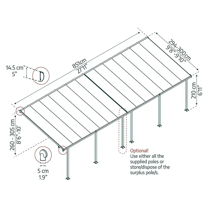 Solid Elements Terrassenüberdachung Martina - B x T: 851 x 300 cm, Verkehrsweiß, Polycarbonat, Transparent - Produktbild mit den Maßen des Pavillons, Länge 851 cm, Breite 294-300 cm, Höhe 210 cm.