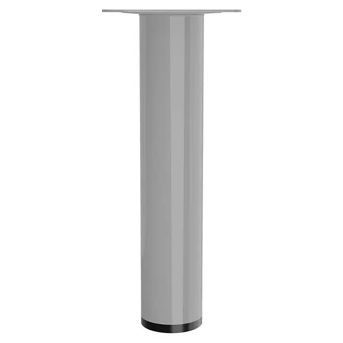 Walteco Möbelfuß - L x B x H: 3 x 3 x 15 cm, Ø x H: 3 x 15 cm, Traglast: 50 kg, Stahl, Grau - Das Bild zeigt ein einzelnes, graues Tischbein mit einem schwarzen Sockel und einer grauen Befestigungsplatte, isoliert auf schwarzem Hintergrund.