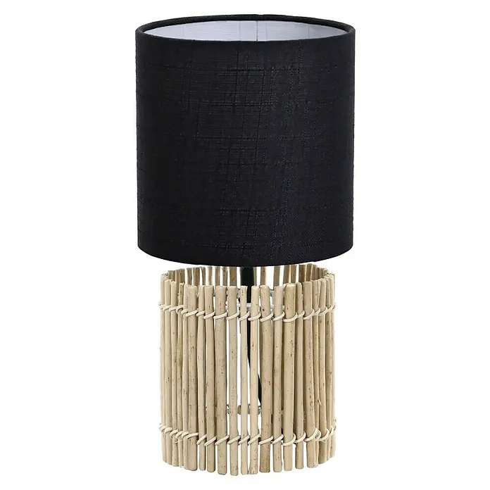 Idp Lampshades Lámpara de sobremesa Bocage - 40 W, L x An x Al: 15 x 15 x 31 cm, Natural, Negro, E27 - Una moderna lámpara de noche con pantalla negra y base de palos de madera natural.
