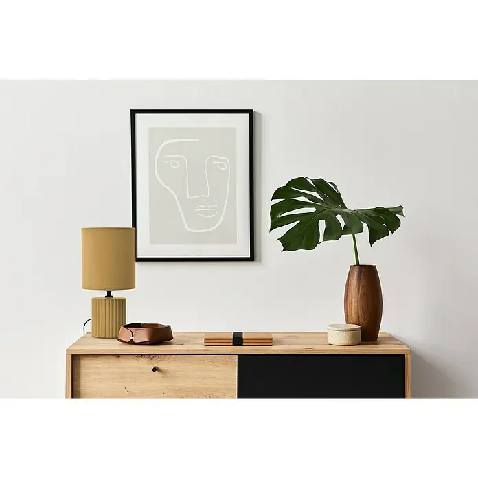 Idp Lampshades Lámpara de sobremesa Colonia - 40 W, L x An x Al: 15 x 15 x 30 cm, Mostaza, E14 - Cómoda moderna con lámpara de mesa elegante y arte abstracto. El mueble perfecto para un ambiente acogedor con elementos decorativos.