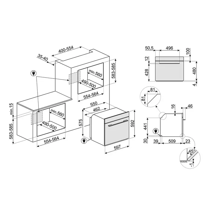 Smeg Horno empotrado SF6101TVNO - L x An x Al: 79,9 x 59,7 x 59,2 cm - Horno empotrable y cocina con dimensiones detalladas para la planificación de la cocina. Notas importantes para la instalación.