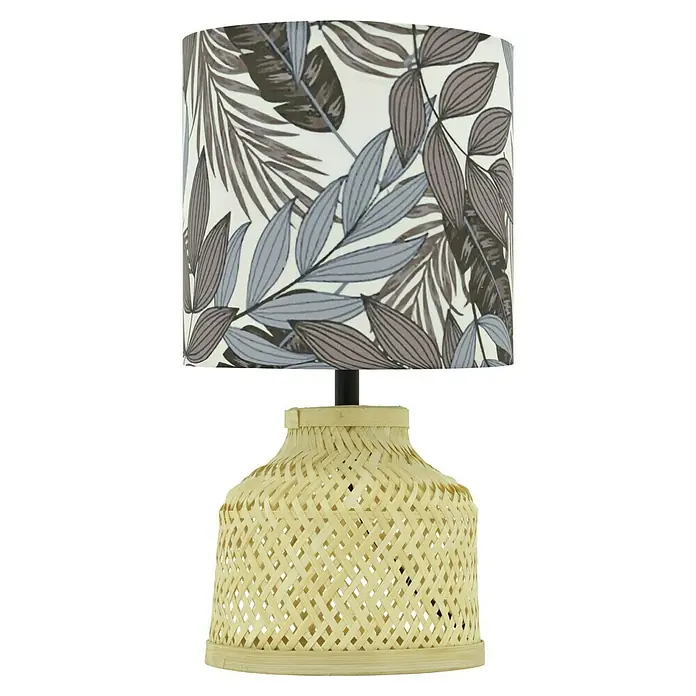 Idp Lampshades Lámpara de sobremesa Miley - 40 W, L x An x Al: 17 x 17 x 33 cm, Natural, Marrón, E27 - Aquí hay una lámpara de mesa, con una pantalla estampada con hojas y una base tejida de madera clara.