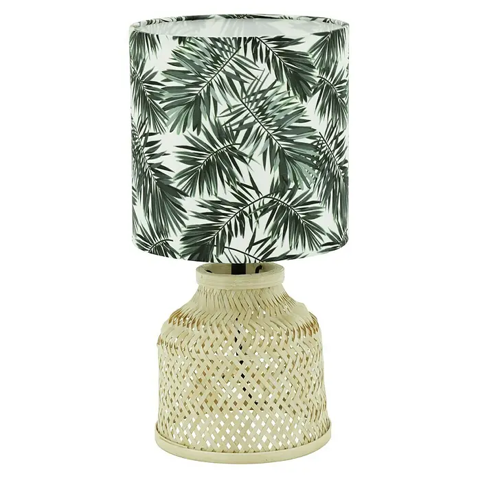 Idp Lampshades Lámpara de sobremesa Miley - 40 W, L x An x Al: 17 x 17 x 33 cm, Natural, Verde, E27 - Elegante lámpara de mesa con pantalla estampada con palmeras y base de ratán trenzado para un toque natural.