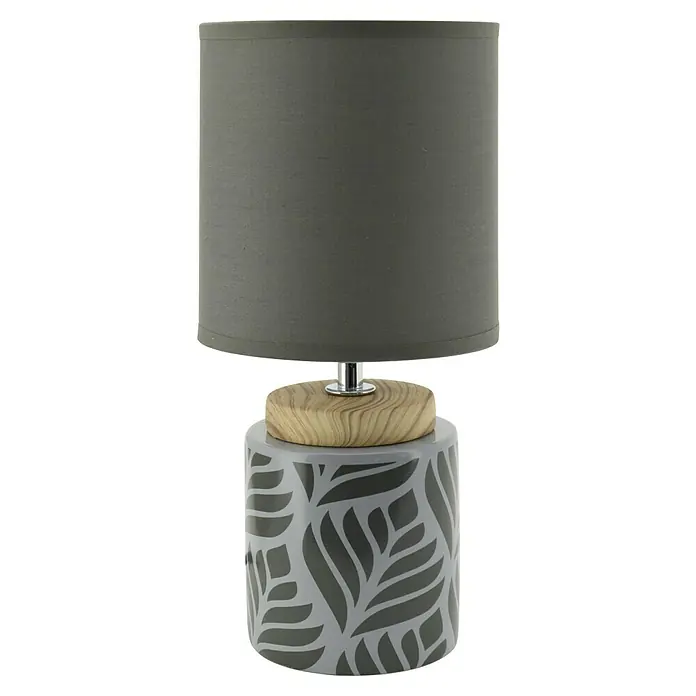 Idp Lampshades Lámpara de sobremesa Vadim - 40 W, L x An x Al: 14 x 14 x 30 cm, Gris, Antracita, E14 - Primer plano de una lámpara de mesa gris decorativa con una pantalla cilíndrica y un diseño de base con motivos de hojas.