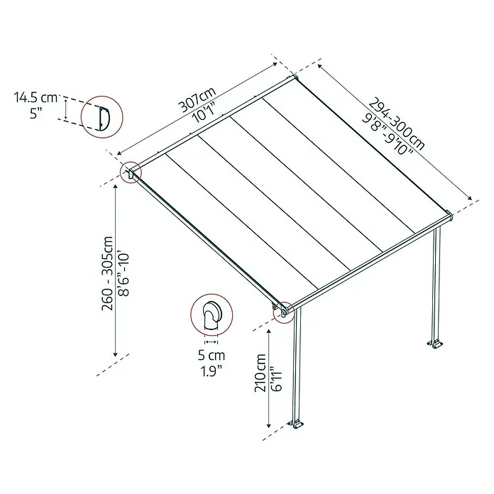 Solid Elements Terrassenüberdachung Martina - B x T: 305 x 300 cm, Anthrazitgrau, Polycarbonat, Transparent - Abbildung der Pergola mit Bemaßung. Dargestellt sind Länge, Breite und Höhe der Pergola in Zentimetern und Zoll.
