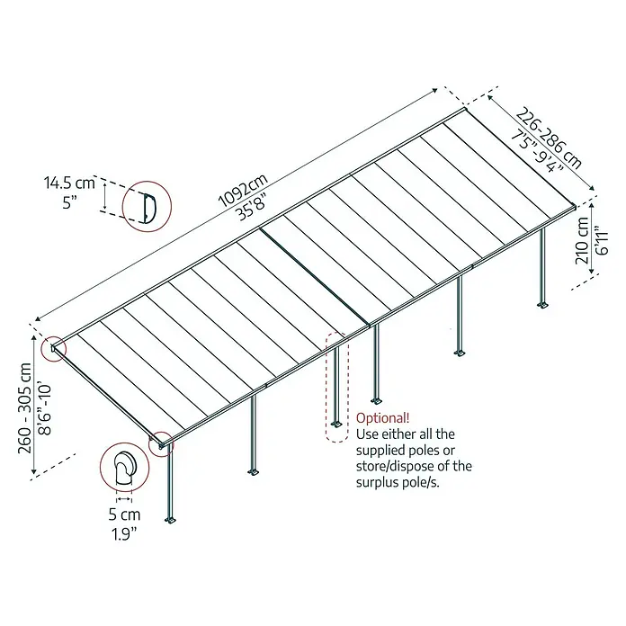 Solid Elements Terrassenüberdachung Martina - B x T: 1.092 x 300 cm, Verkehrsweiß, Polycarbonat, Transparent - Abmessungen des Terrassendachs mit Höhenverstellbarkeit, Länge 1092 cm, Breite 226-286 cm und variabler Pfostenpositionierung.