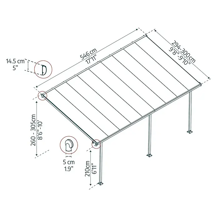Solid Elements Terrassenüberdachung Martina - B x T: 546 x 300 cm, Verkehrsweiß, Polycarbonat, Transparent - Technische Zeichnung einer Terrassenüberdachung mit Maßangaben zu Länge, Breite und Höhe in Zentimetern und Zoll.