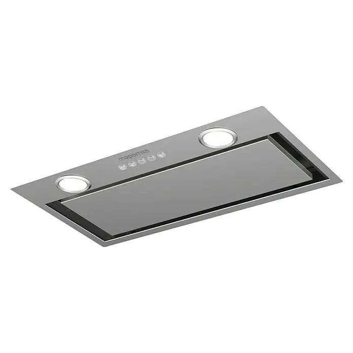 Mepamsa Campana integrable IRUN 2.0 - Ancho: 70 cm, Máx. Potencia del ventilador en modo extracción: 570 m³/h, Acero inoxidable - La imagen muestra una campana extractora Mepamsa. La campana es de acero inoxidable y cuenta con iluminación LED y controles digitales.