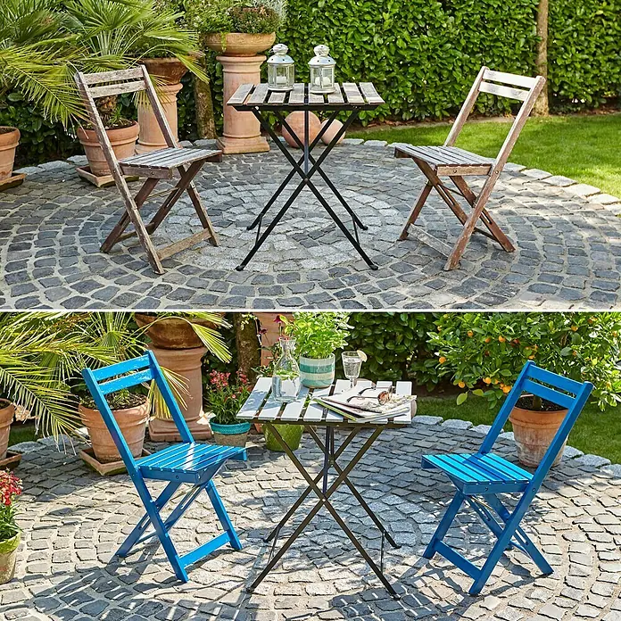 swingcolor Buntlack Kunstharz für Außen - Silbergrau, Seidenmatt, 125 ml, Lösemittelbasiert - Bild zeigt einen Gartentisch mit zwei Stühlen, einmal im alten und einmal im neuen Zustand.
