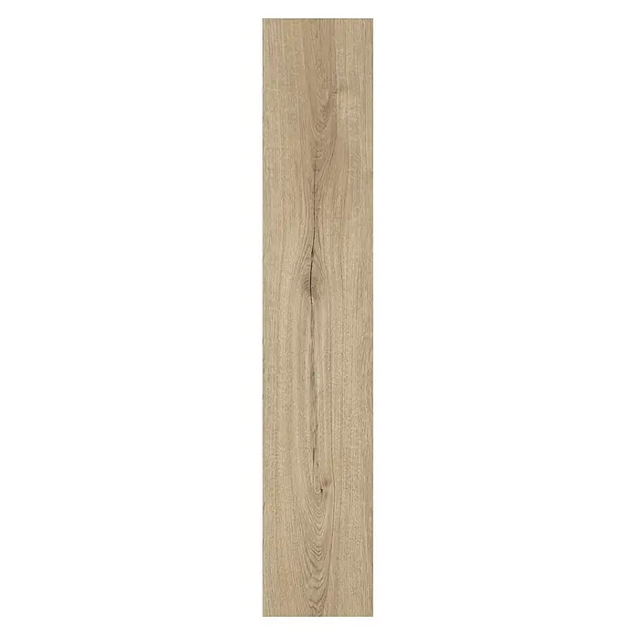 LOGOCLIC Laminado Roble Harlem - 1.200 x 196 x 8 mm, Roble, AC5 - Primer plano de un panel de madera que muestra patrones de grano distintos y una grieta continua prominente, ideal para diseños rústicos.