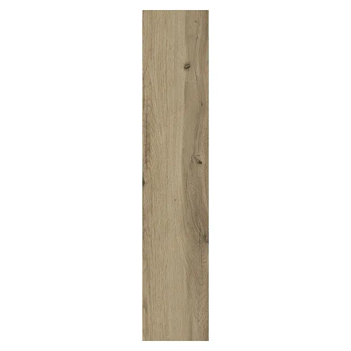 LOGOCLIC Laminado Roble Salvaje - 1.200 x 196 x 10 mm, Roble, AC5 - Primer plano de una baldosa larga y estrecha con un patrón natural de vetas de madera y tonos cálidos y terrosos.