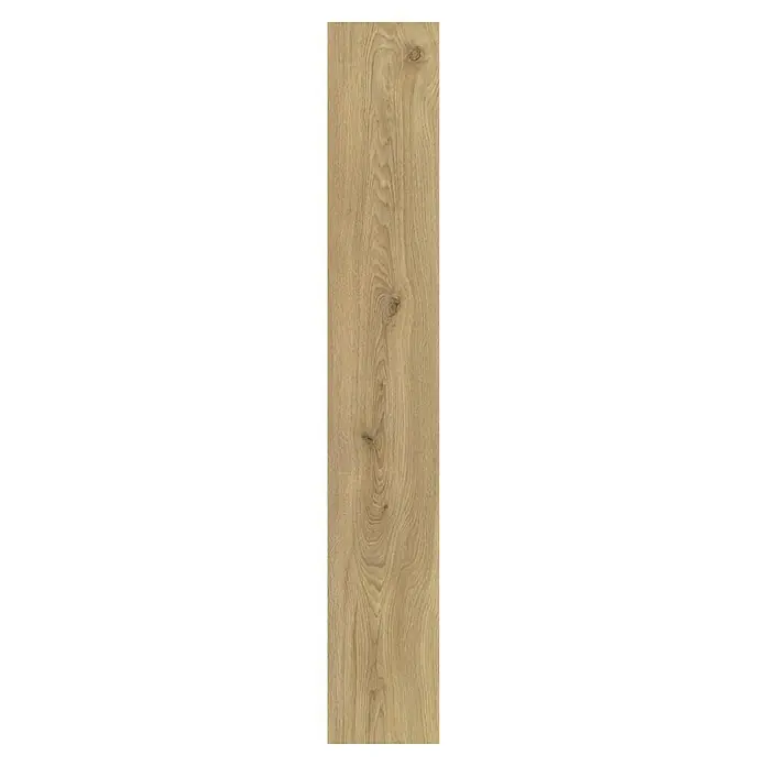LOGOCLIC Laminado Roble Vegas - 1.200 x 196 x 8 mm, Roble, AC5 - Foto vertical de una tabla de madera marrón claro con vetas marcadas. Ideal para suelos interiores y revestimientos de paredes.