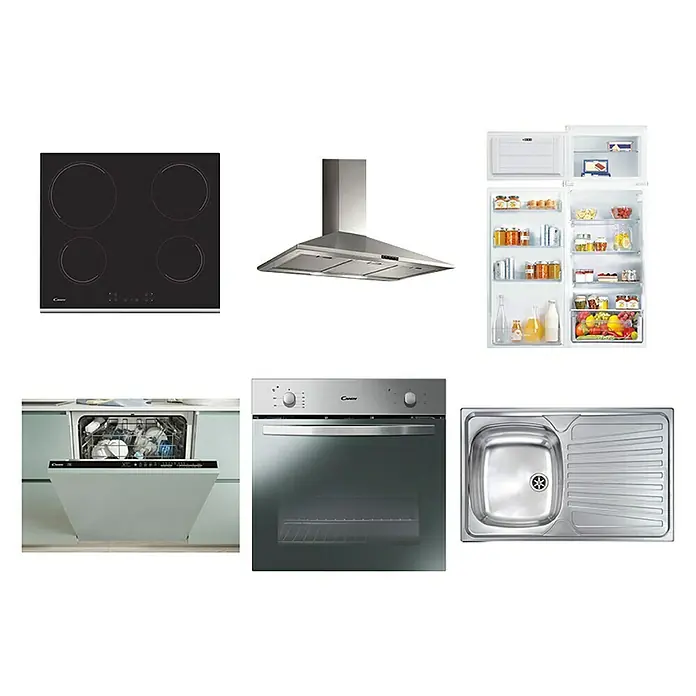 Marinelli Cucine Vormontierte Küchenzeile Astrea - Breite: 345 cm, Weiß, Mit Elektrogeräten - Darstellung einer Auswahl an Candy Küchengeräten, darunter ein Kochfeld, eine Dunstabzugshaube, ein Kühlschrank und ein Geschirrspüler.
