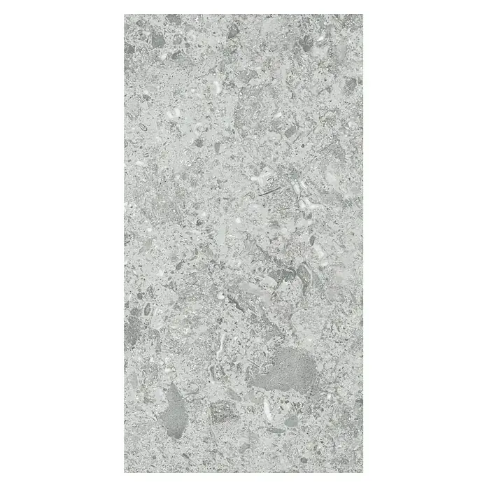 Allure Suelo vinílico SPC Silver Corinto - 610 x 305 x 5,2 mm, Gris, Resistente al agua - Primer plano de una losa de terrazo gris pulida con inclusiones irregulares. El material es ideal para interiores modernos.