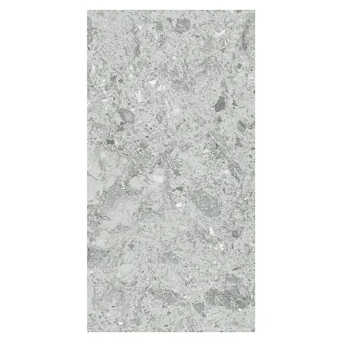 Allure Suelo vinílico SPC Silver Corinto - 610 x 305 x 5,2 mm, Gris, Resistente al agua - Baldosa de terrazo gris con varios fragmentos, presentando una opción moderna y elegante para el diseño de pisos.