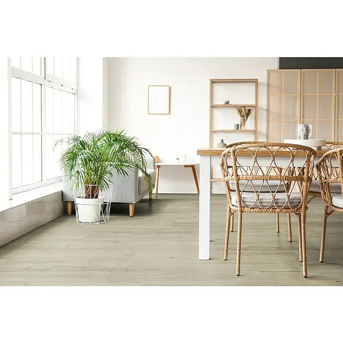 Allure Suelo vinílico SPC Sawn Wood - 1.220 x 226 x 5,2 mm, Gris, Resistente al agua - Interior elegante con suelo de madera gris claro que crea un ambiente sereno. Muebles luminosos y una planta de interior complementan el diseño moderno.