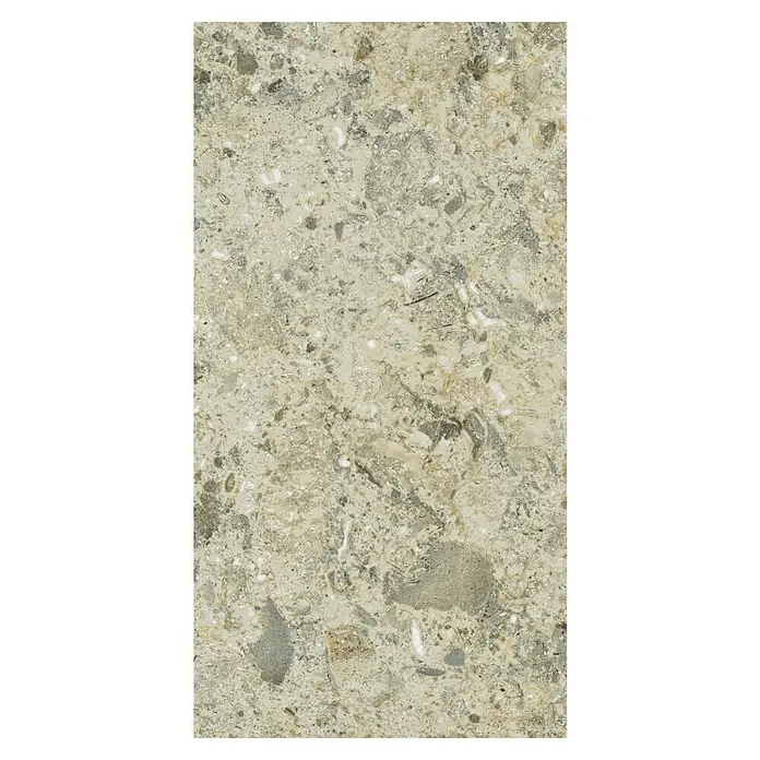 Allure Suelo vinílico SPC Ecru Corinto - 610 x 305 x 5,2 mm, Beige, Resistente al agua - Primer plano de una encimera beige con vetas irregulares grises y blancas.