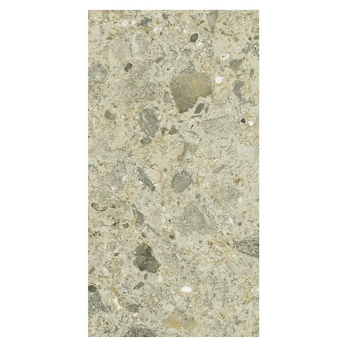 Allure Suelo vinílico SPC Ecru Corinto - 610 x 305 x 5,2 mm, Beige, Resistente al agua - Primer plano de una superficie de piedra caliza beige con fósiles y texturas, resaltando el aspecto natural y los detalles de la piedra.
