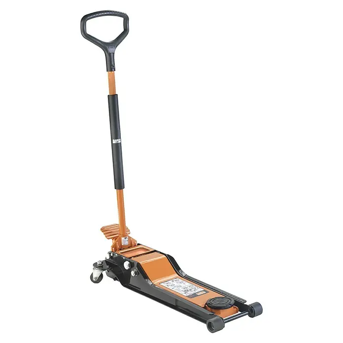 Bahco Hydraulischer Rangierwagenheber BH11500 - Hubhöhe: 70 mm - 610 mm - Abgebildeter orangefarbener Rangierwagenheber von Bahco mit Griff, ideal zum Anheben von Fahrzeugen.