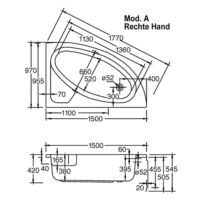 Ottofond Raumsparbadewanne Sansibar A - 150 x 97 cm, Sanitäracryl, Weiß, Rechts - Schema der Badewanne Mod. A Rechte Hand mit Maßangaben zu Länge, Breite und Höhe für Installationsdetails.