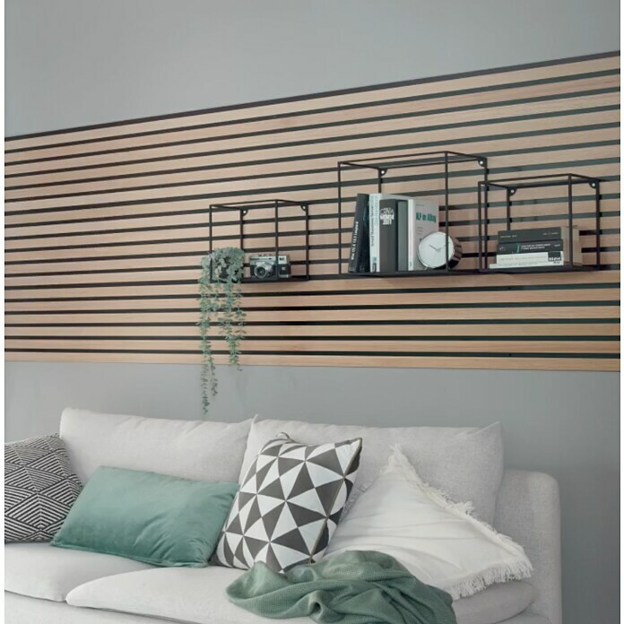 Lambris mural design et panneaux déco en lamelles de bois  Living room  shelves, Wall color combination, Interior design
