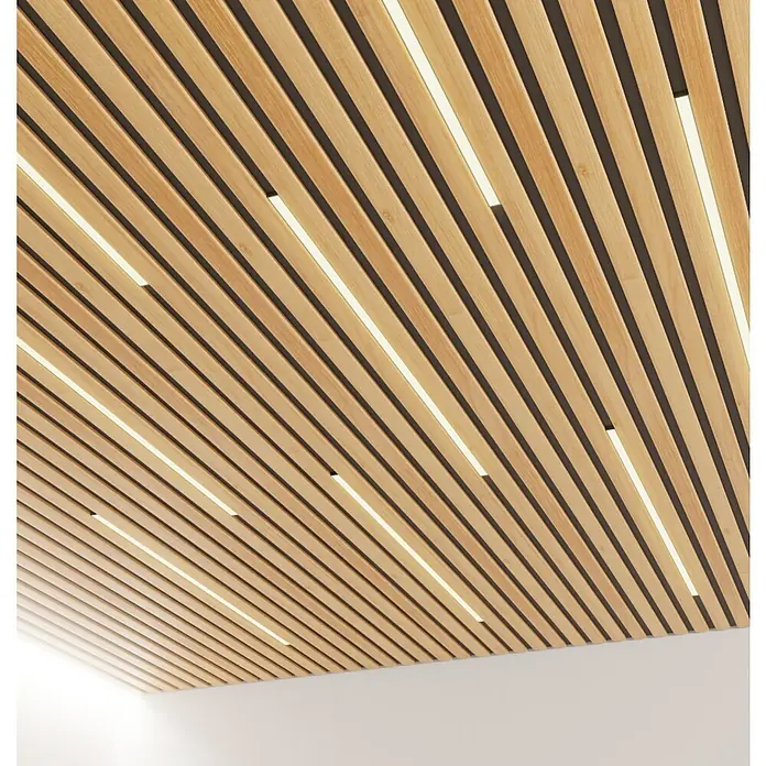 b!design Wandpaneel Wall Smart - Eiche Hellbraun, 2.500 x 35 x 9 mm - Moderne Holzlamellendecke mit integrierter Beleuchtung für eine stilvolle Raumgestaltung.