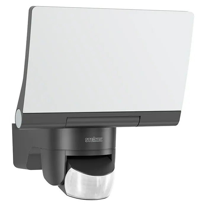 Steinel LED-Sensor-Strahler XLED home 2 S graphit - 13,7 W, L x B x H: 161 x 180 x 218 mm, Graphit, IP44 - Nahaufnahme einer Steinel-Außenleuchte mit Bewegungsmelder in elegantem Design für den Außenbereich.