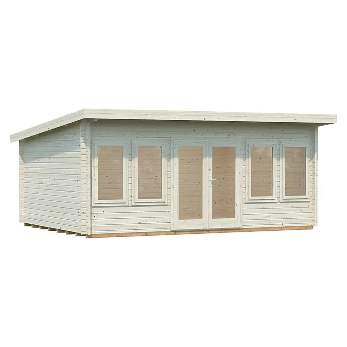 Palmako Gartenhaus Lisa - Außenmaß inkl. Dachüberstand (B x T): 578 x 447 cm, Holz, Transparent - Außenansicht eines Holzgartenhauses mit Doppeltür und Fenstern, ideal für den Garten.