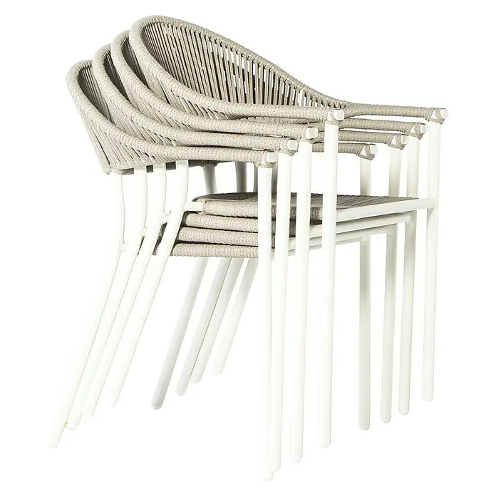 Silla de jardín Melk - 56 x 57 x 80 cm, Beige, Cuerda, Apilable - Sillas apilables de exterior con asientos de cuerda color crema y estructura blanca, perfectas para ahorrar espacio.