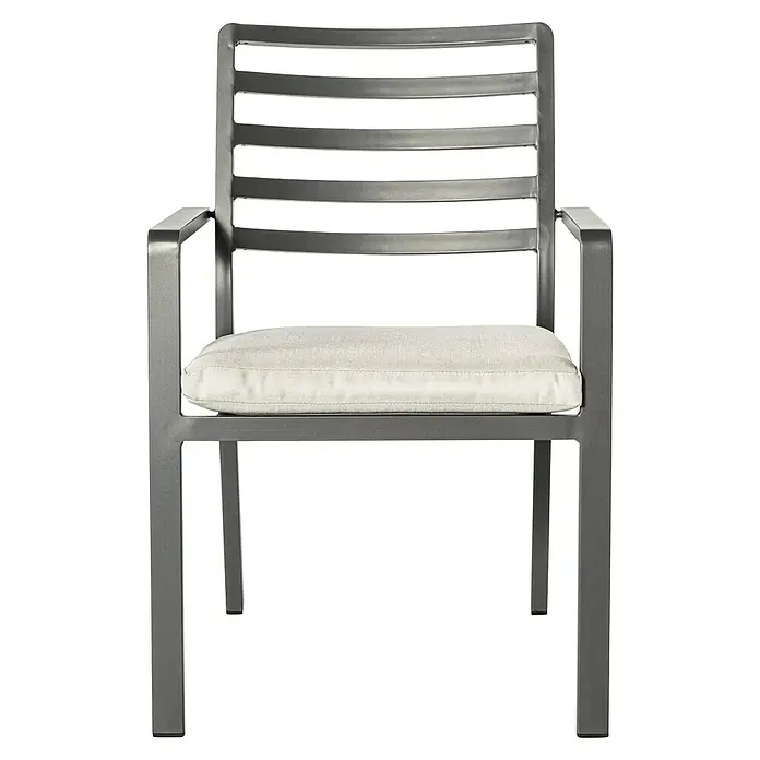 Silla de jardín Galilee - 64 x 56 x 85 cm, Antracita, Aluminio, Apilable - Esta moderna butaca de salón de metal presenta un diseño minimalista y un cómodo cojín de asiento, perfecta para relajarse en el jardín.