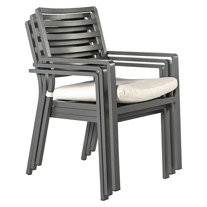 Silla de jardín Galilee - 64 x 56 x 85 cm, Antracita, Aluminio, Apilable - Sillas de jardín grises apilables con reposabrazos y cojines de asiento cómodos, ideales para espacios exteriores. Robustas y ahorran espacio.
