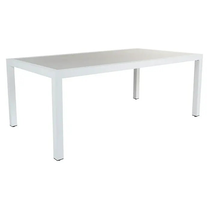 Mesa de jardín Mistral - L x An x Al: 192 x 102 x 74 cm, Aluminio/Cerámica, Blanco - Una elegante mesa de comedor blanca con una robusta encimera y patas sólidas, ideal para espacios modernos.