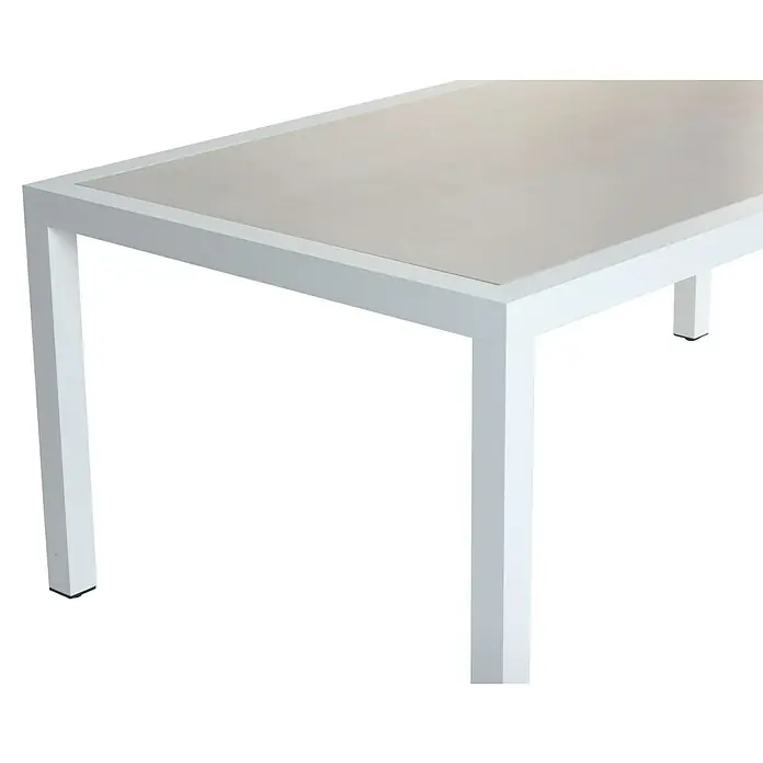 Mesa de jardín Mistral - L x An x Al: 192 x 102 x 74 cm, Aluminio/Cerámica, Blanco - Primer plano de una mesa de comedor blanca y moderna con una tapa clara, perfecta para uso interior y exterior.