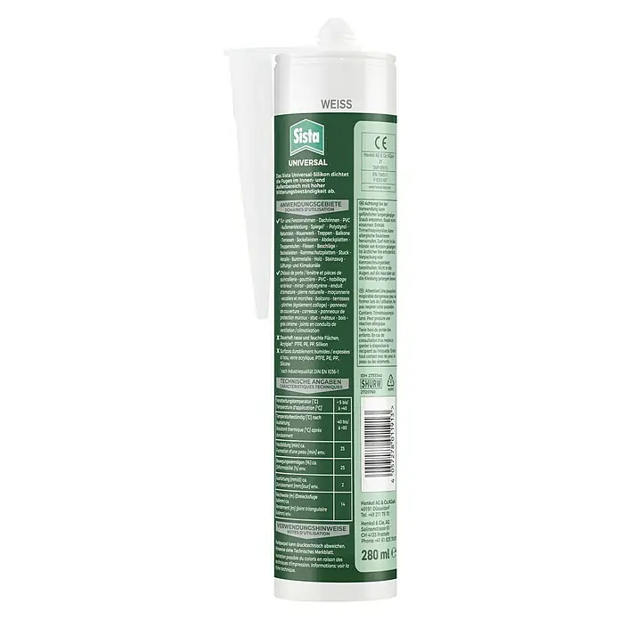 Sista Silikon Haus & Bau Universal - Weiß, 280 ml, Lösemittelfrei - Sista Universal Silikon, weiß, für Fugen im Innen- und Außenbereich. Hohe Witterungsbeständigkeit für langlebige Ergebnisse.