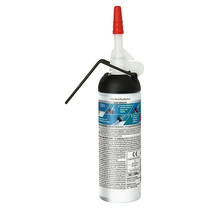 Sista Küchen-Silikon Bad & Küche - Transparent, 100 ml - Bild eines transparenten Henkel Fugendichtstoffs mit roter Kappe und schwarzem Applikator, ideal für präzise Abdichtungen.