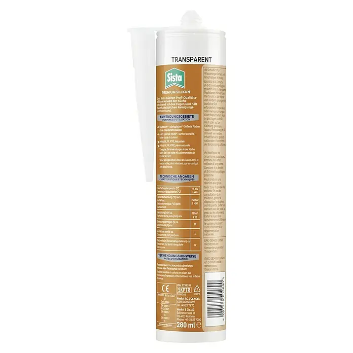 Sista Küchen-Silikon Profi-Qualität - Transparent, 280 ml - Abbildung einer Kartusche Sista Premium Silikon Transparent für Küche und Bad, ideal für dauerelastische Abdichtungen.