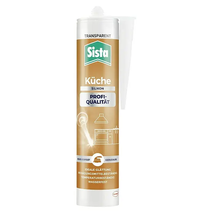 Sista Küchen-Silikon Profi-Qualität - Transparent, 280 ml - Abbildung einer Kartusche Sista Küche Silikon transparent, ideal für die Abdichtung in Küchen mit Profi-Qualität und langer Haltbarkeit.